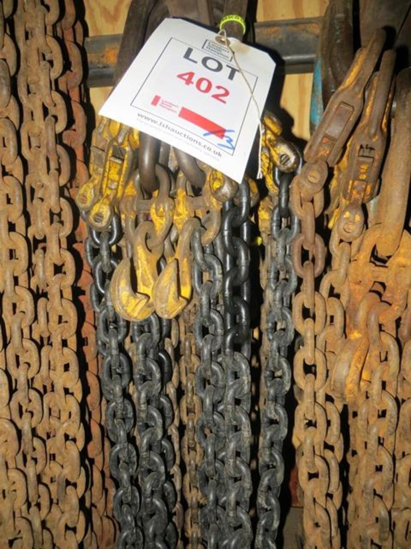 Three sets of 4 leg lifting chains c/w safety hook & shorteners as lotted (LOLER certified until