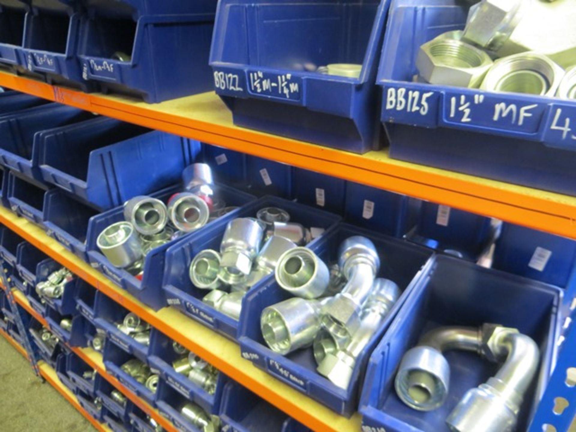 Three bays of slot together racking c/w large quantity of BSP & Metric hydraulic fittings & crimp - Image 2 of 4