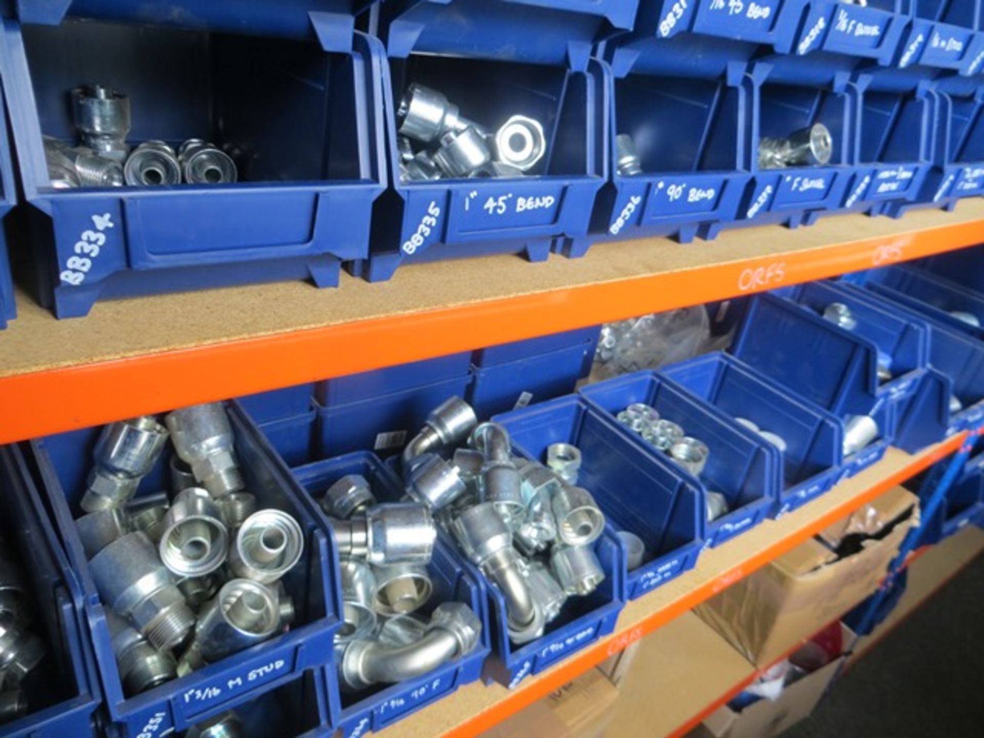 Three bays of slot together racking c/w large quantity of ORES hydraulic fittings & crimp fittings - Image 3 of 4