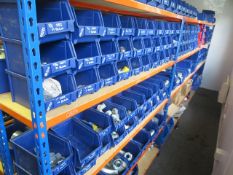 Three bays of slot together racking c/w large quantity of ORES hydraulic fittings & crimp fittings