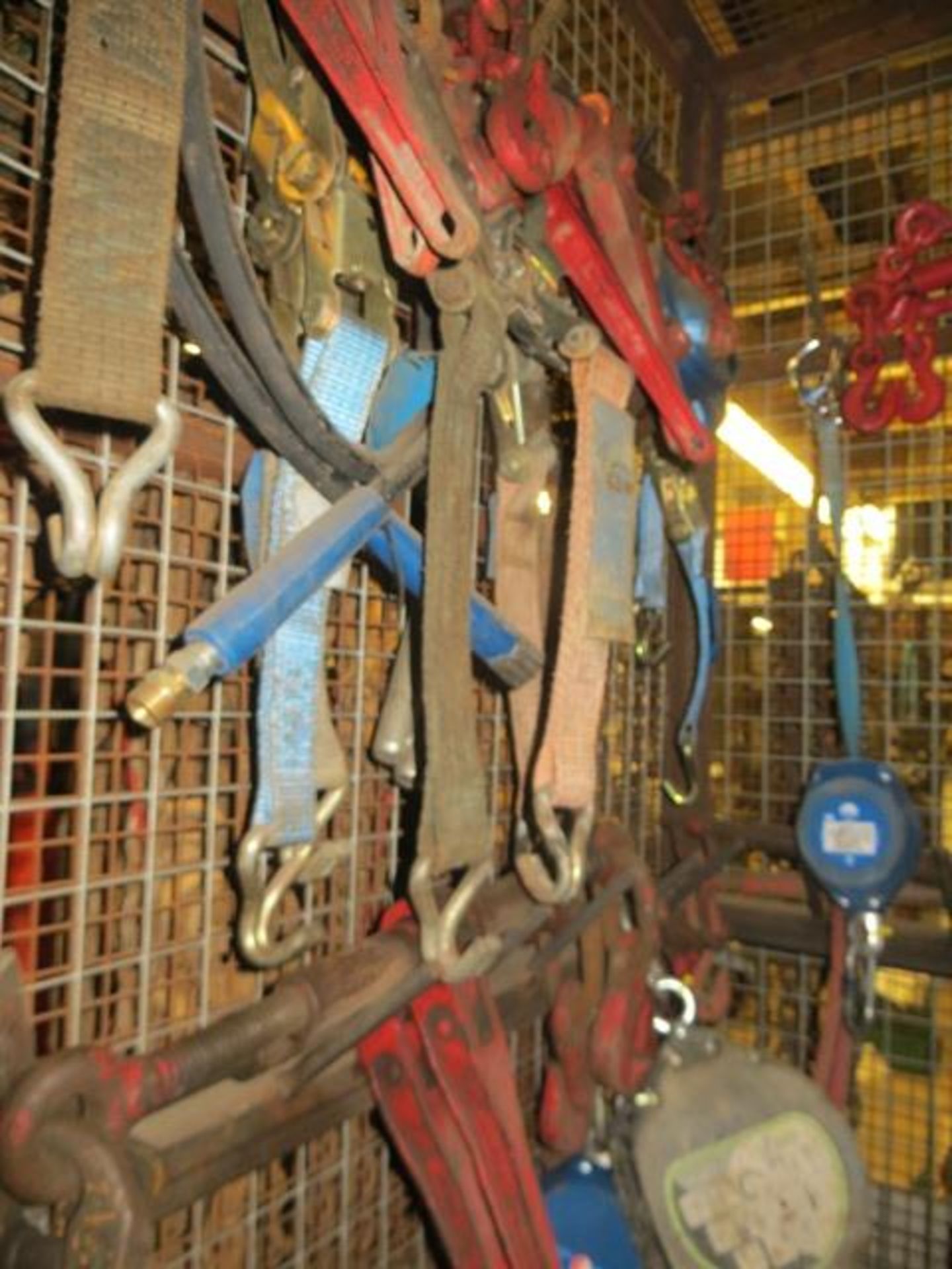 Contents of cage to include cutting torch with gauges, various chain tensioning ratchet straps, fall - Image 4 of 4