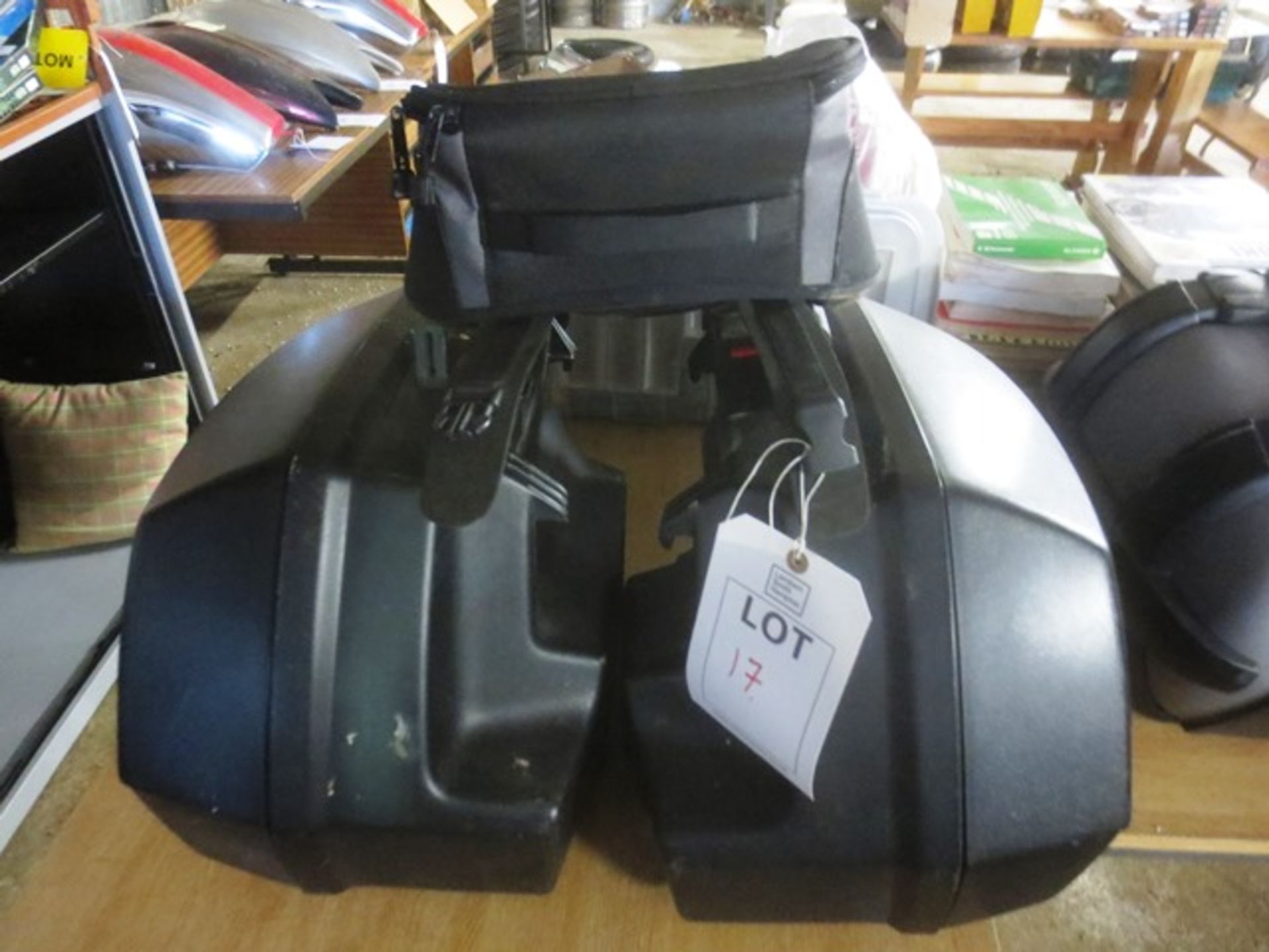 Pair of BMW black plastic pannier boxes and BMW tank bag (please note: locked, no key)