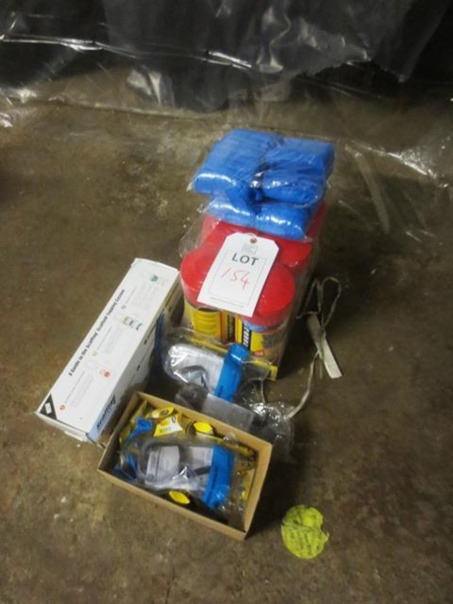 Two boxes of scaffold tags, 6 Wonder Wipe tubs, and assorted PPE