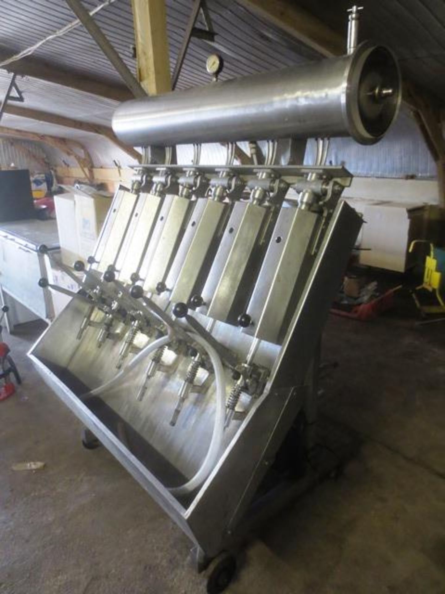 Unbadged 6 station stainless steel bottle filler, hand lever operated, fitted transfer, pump, 2 x - Image 3 of 7