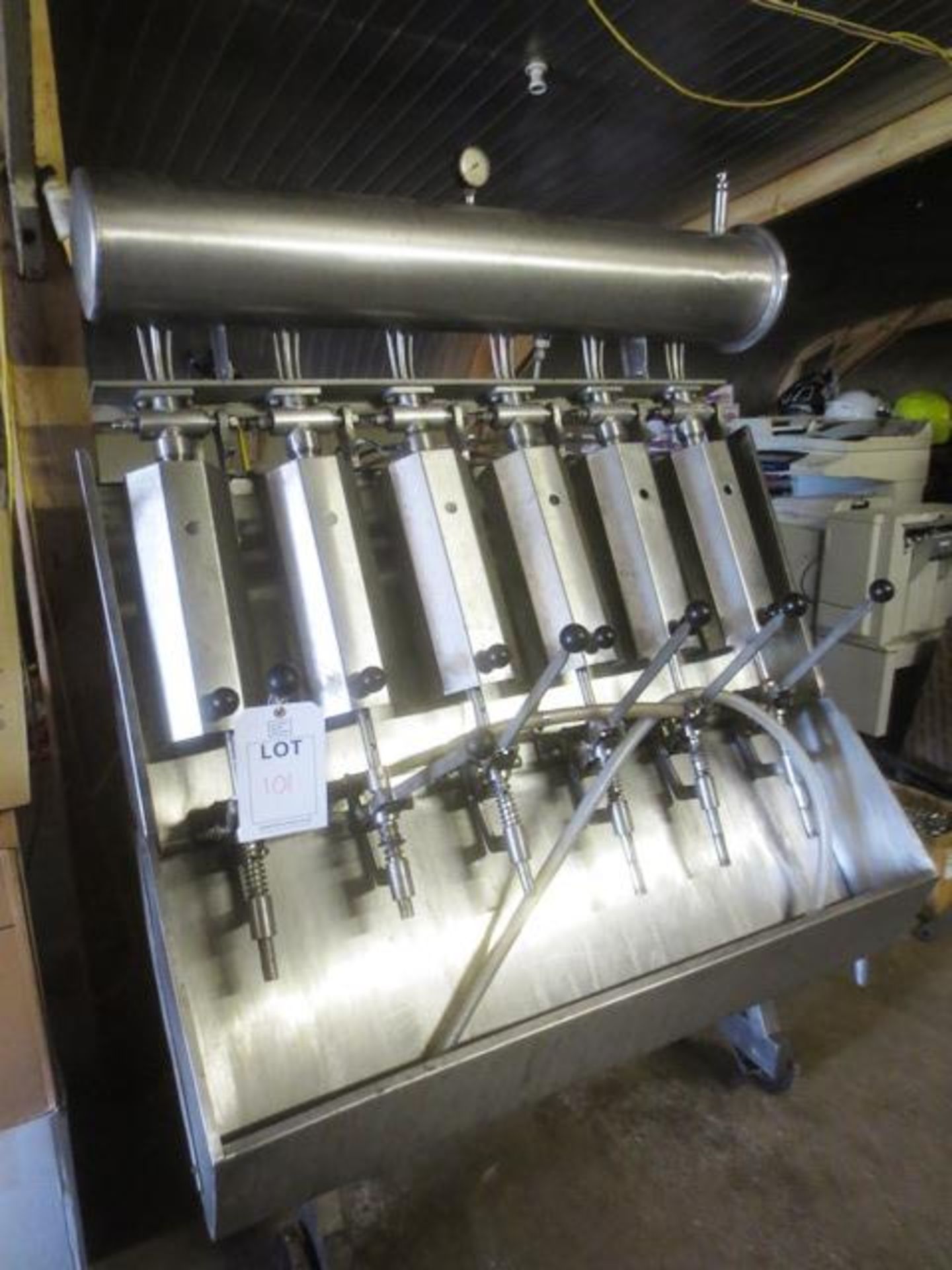 Unbadged 6 station stainless steel bottle filler, hand lever operated, fitted transfer, pump, 2 x