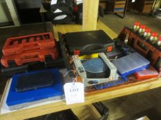 Box of assorted workshop tools/spares (as lotted) incl. tap and die sets, valve removers, wheel