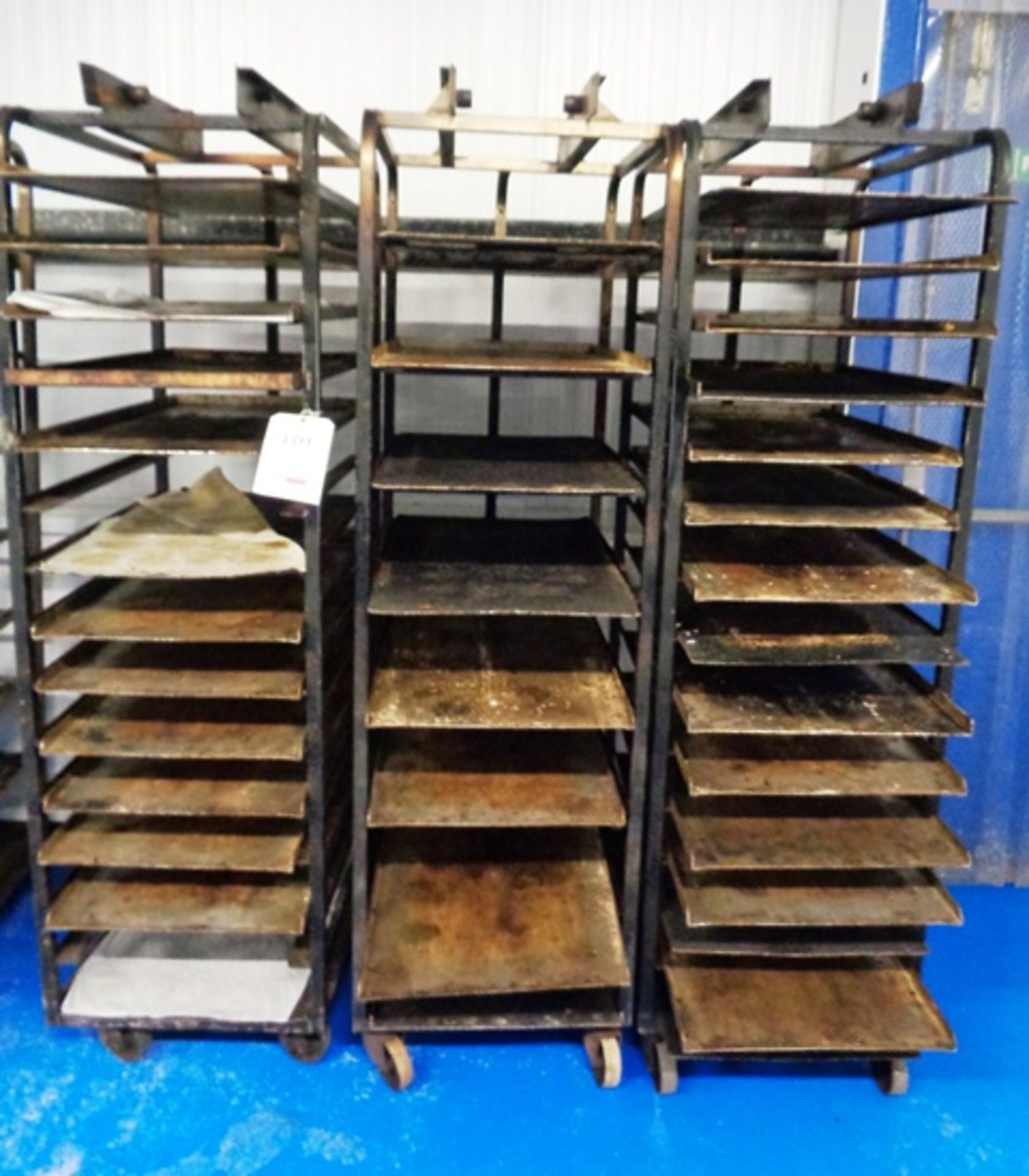 Three mobile multi-shelf rack oven trolleys. Approx 520 x 720 x 1850mm