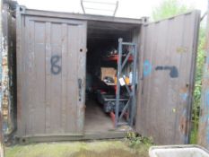 Brown steel shipping container, 20 ft. x 8 ft. approx. plus rack and contents including electric