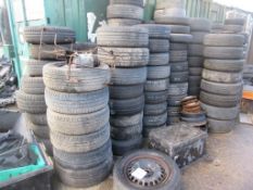 Approx. 150 plus steel wheels and tyres in good to poor condition and spacesaver tyres and