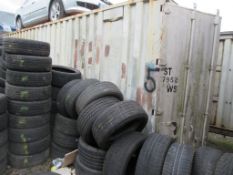 White steel shipping container, 40 ft. x 8 ft. approx. (Tyres included with Lot 1). *NB: A work
