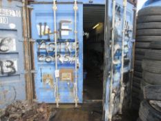 Blue steel shipping container, 40 ft. x 8 ft. approx. plus rack and contents of mainly Vauxhall