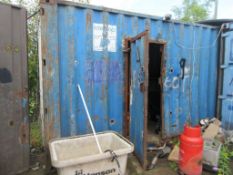 Blue steel shipping container, 40 ft. x 8 ft. approx. plus rack and contents including light