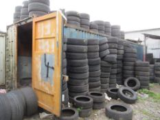 Blue steel shipping container, 40 ft. x 8 ft. approx. (Tyres included with Lot 1). *NB: A work