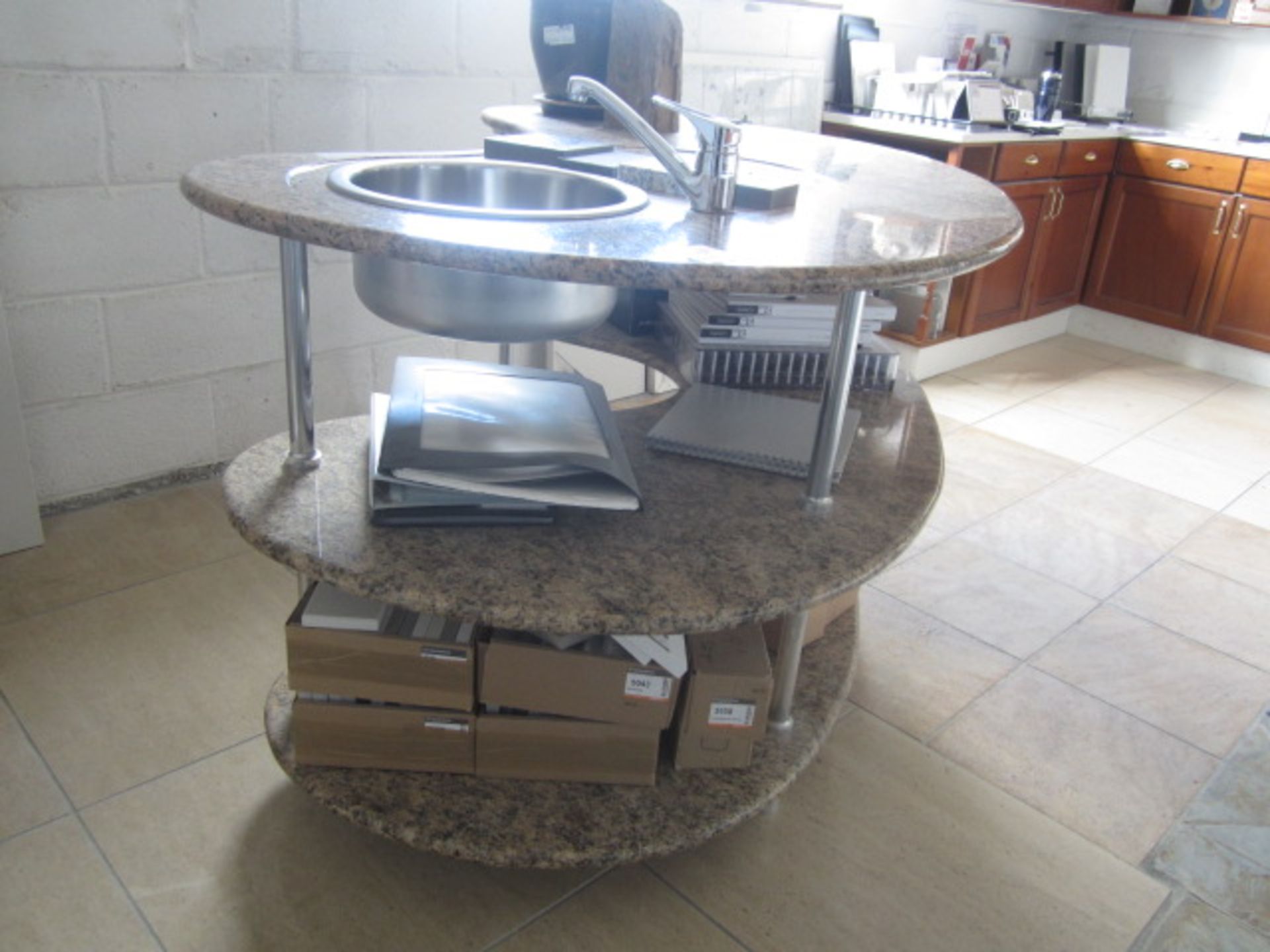 Marble 3 tier display kitchen island with stainless steel circular sink, Blanco tap, approx. - Image 3 of 5
