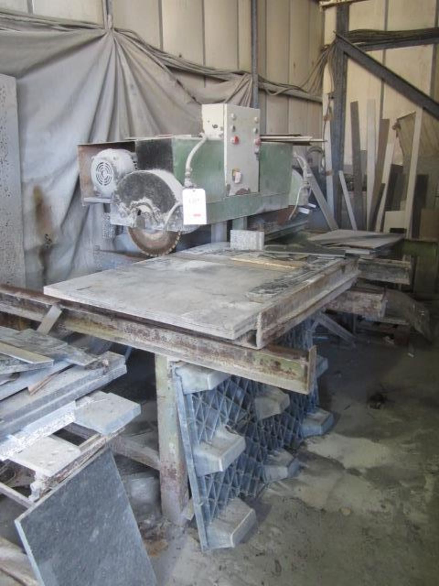 Bespoke twin blade stone saw, mounted on steel frame, approx. distance between blades 1.2m, water