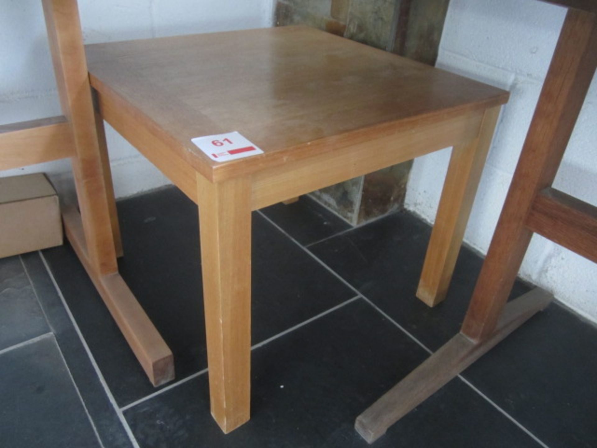 Wood effect table, approx. size 610mm x 610mm