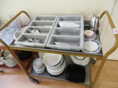 Two mobile trollies and contents to include plates, bowls, cutlery, glasses as lotted