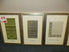 Nine matching framed samples to include 2 decorative stitches, pulled thread work and raised satin