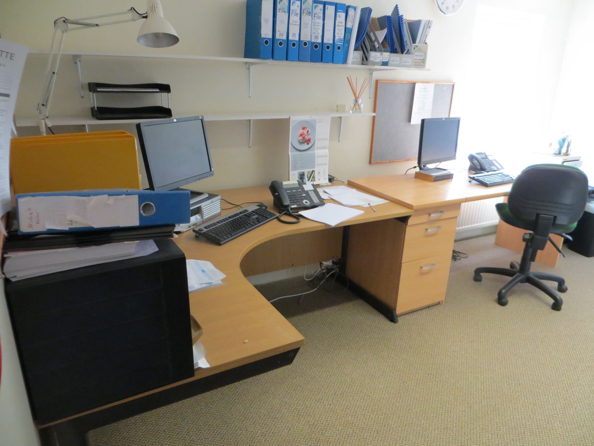 Contents of office to include four desks, two pedestals, three swivel & tilt chairs, three 4
