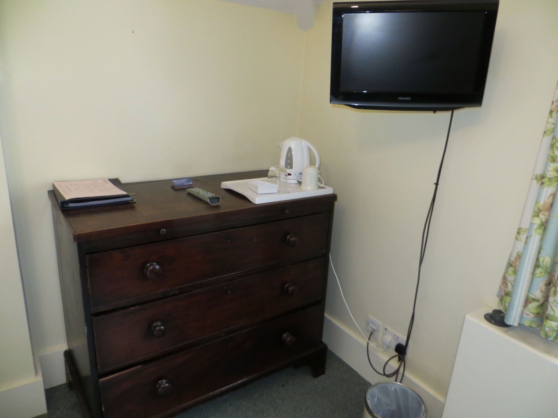 Contents of Corner bedroom to include 3 drawer dark wood bedside chest, dark wood wardrobe, dark - Image 2 of 4