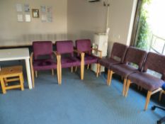 Three cloth arm chairs, three cloth chairs, white plastic table & a wooden coffee table