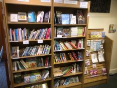 Three shop displays & contents of to include books, gift wrap, note books, thank you cards, 2019...