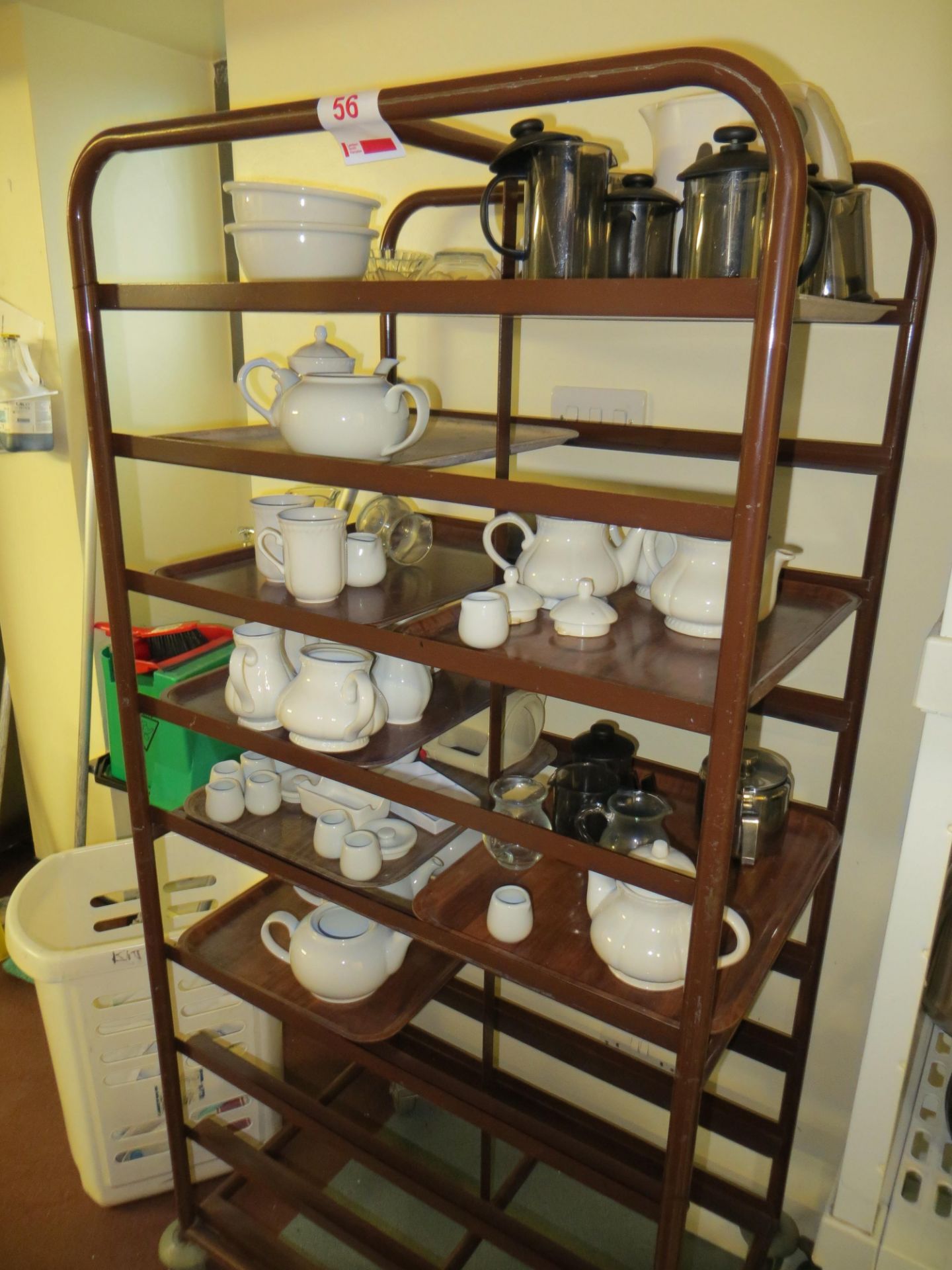 mobile tray unit and contents to include tea pots, cafetier & milk jugs