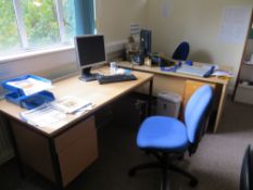 Contents of office to include four desks, four swivel & tilt chairs, a stacking chair, four