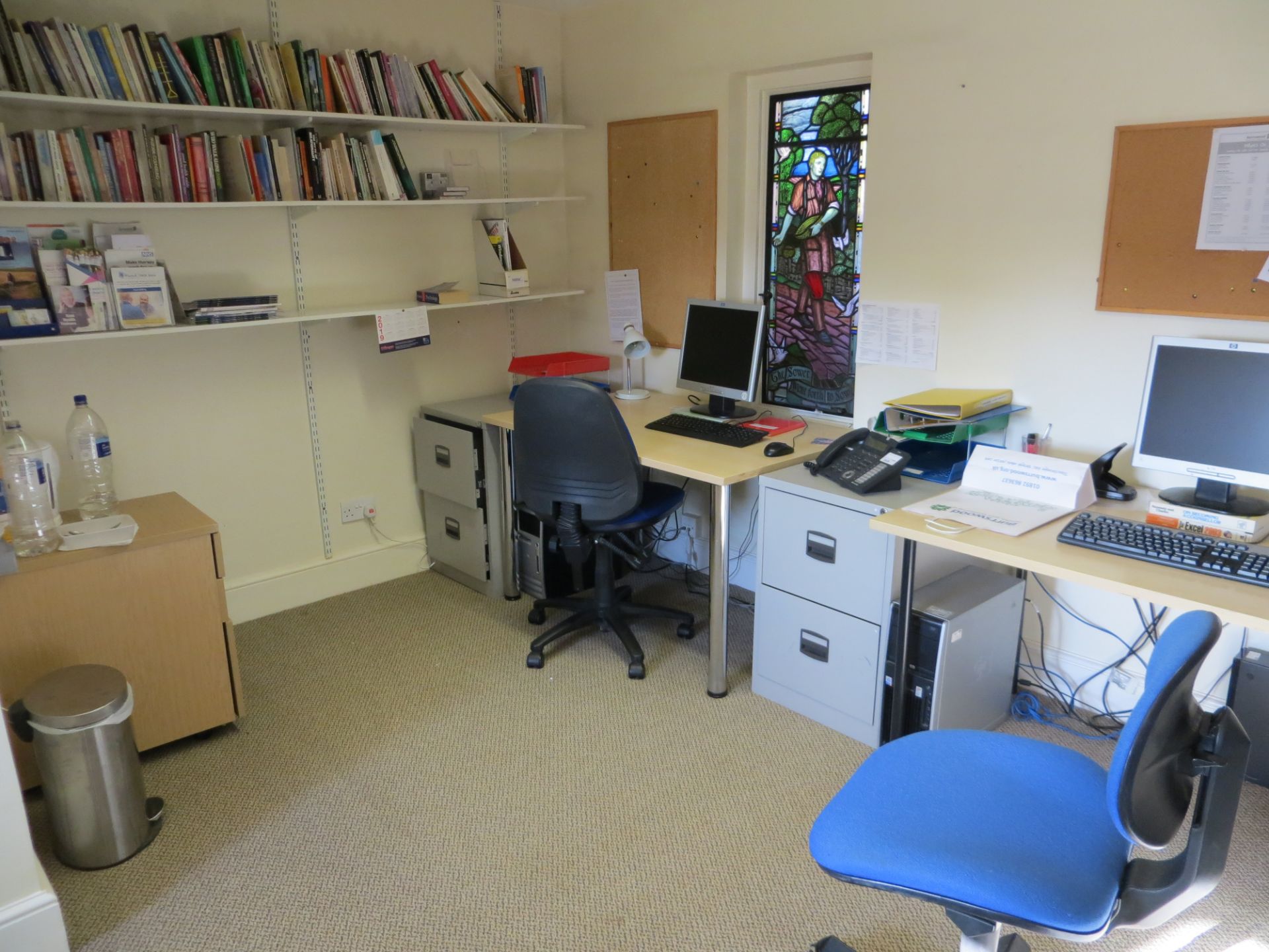 Contents of office to include four desks, two pedestals, three swivel & tilt chairs, three 4 - Image 2 of 4