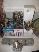 Two Sunnex 20 oz stainless steel coffee pots (boxed) three Sunnex insulated 21 oz stainless steel