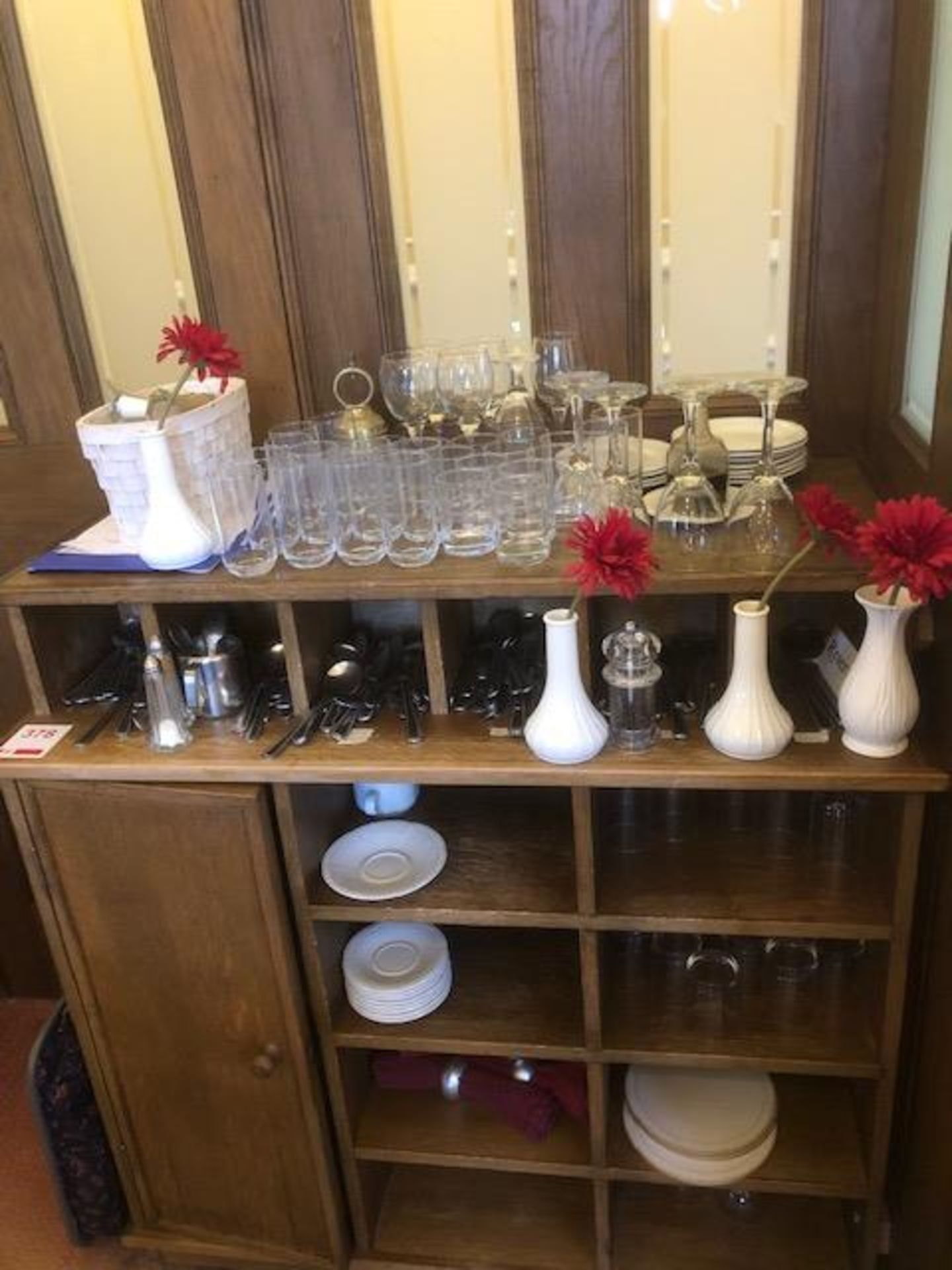 Wooden dumb waiter c/w contents to include glasses, cutlery, plates etc., as lotted