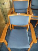 Five wooden framed blue cloth elbow chairs