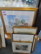 Seven various framed prints of church scenes