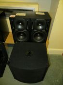 Two Behringer Truth B2031A active studio monitor speakers c/w Skytec SMW 15 passive 15" subwoofer