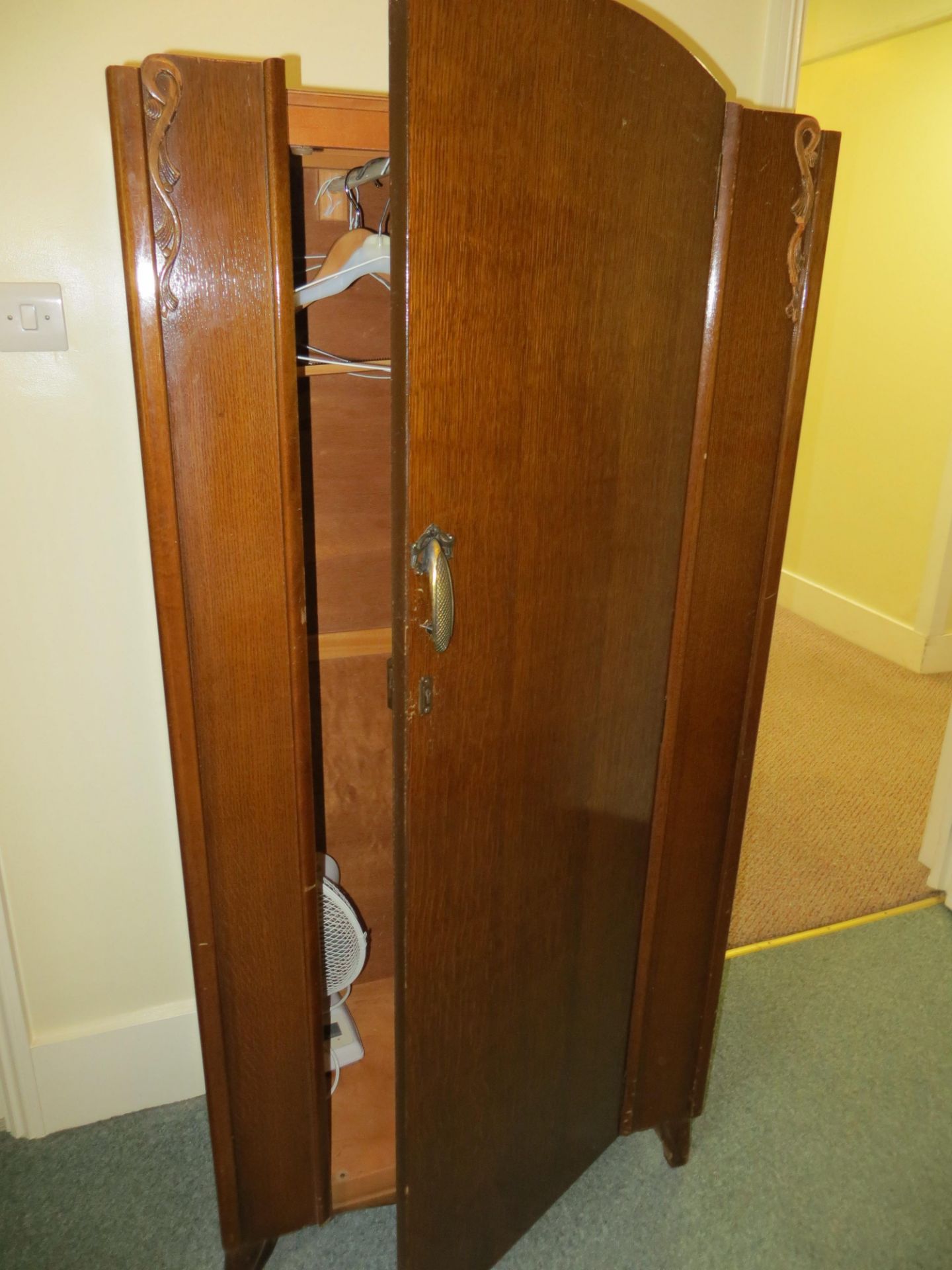 Contents of Corner bedroom to include 3 drawer dark wood bedside chest, dark wood wardrobe, dark - Image 3 of 4