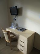 Contents of room Acorn to include three drawer vanity table and chair, bedside lockable cabinet,