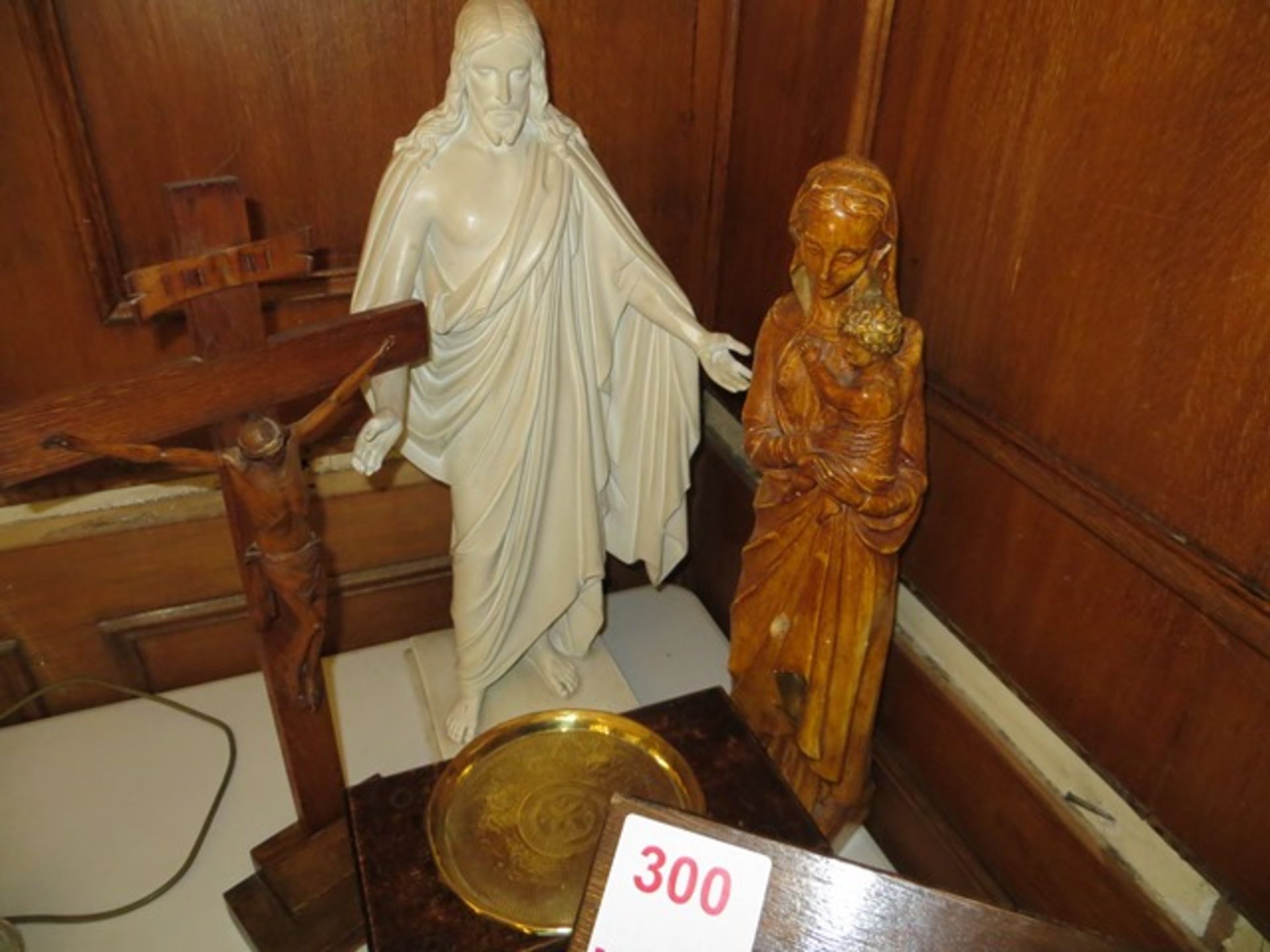 Church Lectern, two church statues, wooden cross/crucifixion, brass plate & small table/stand - Image 2 of 2