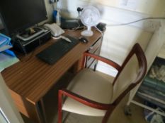 Contents of office to include three drawer desk chair, mobile five drawer trolley, phone, fan,