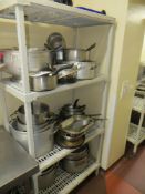 4 tier catering unit and contents to include pots & pans and 2 stainless steel shelves and