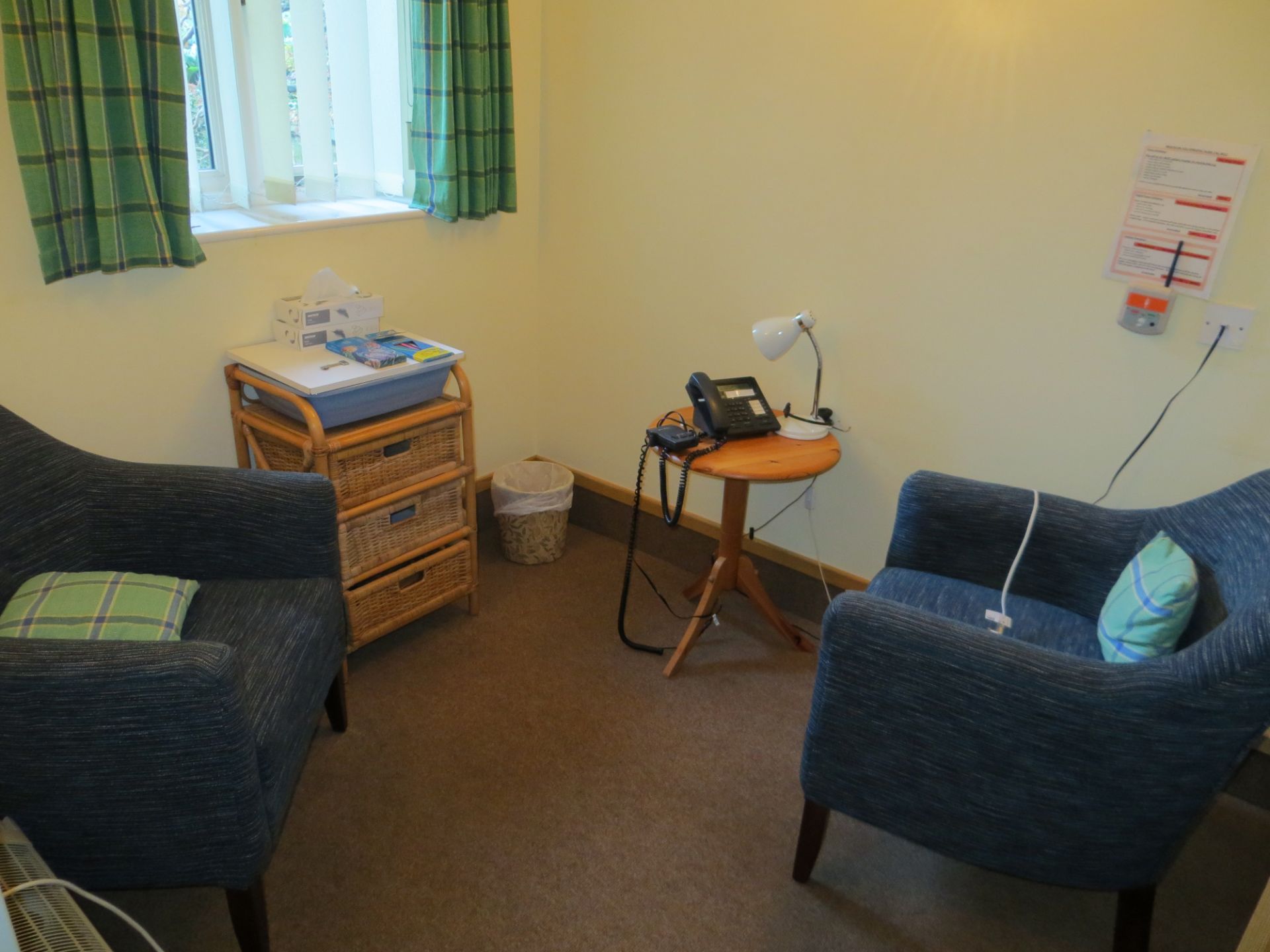 Contents of two councilling rooms to include five blue cloth armchairs, wicker glass top side table, - Image 3 of 3
