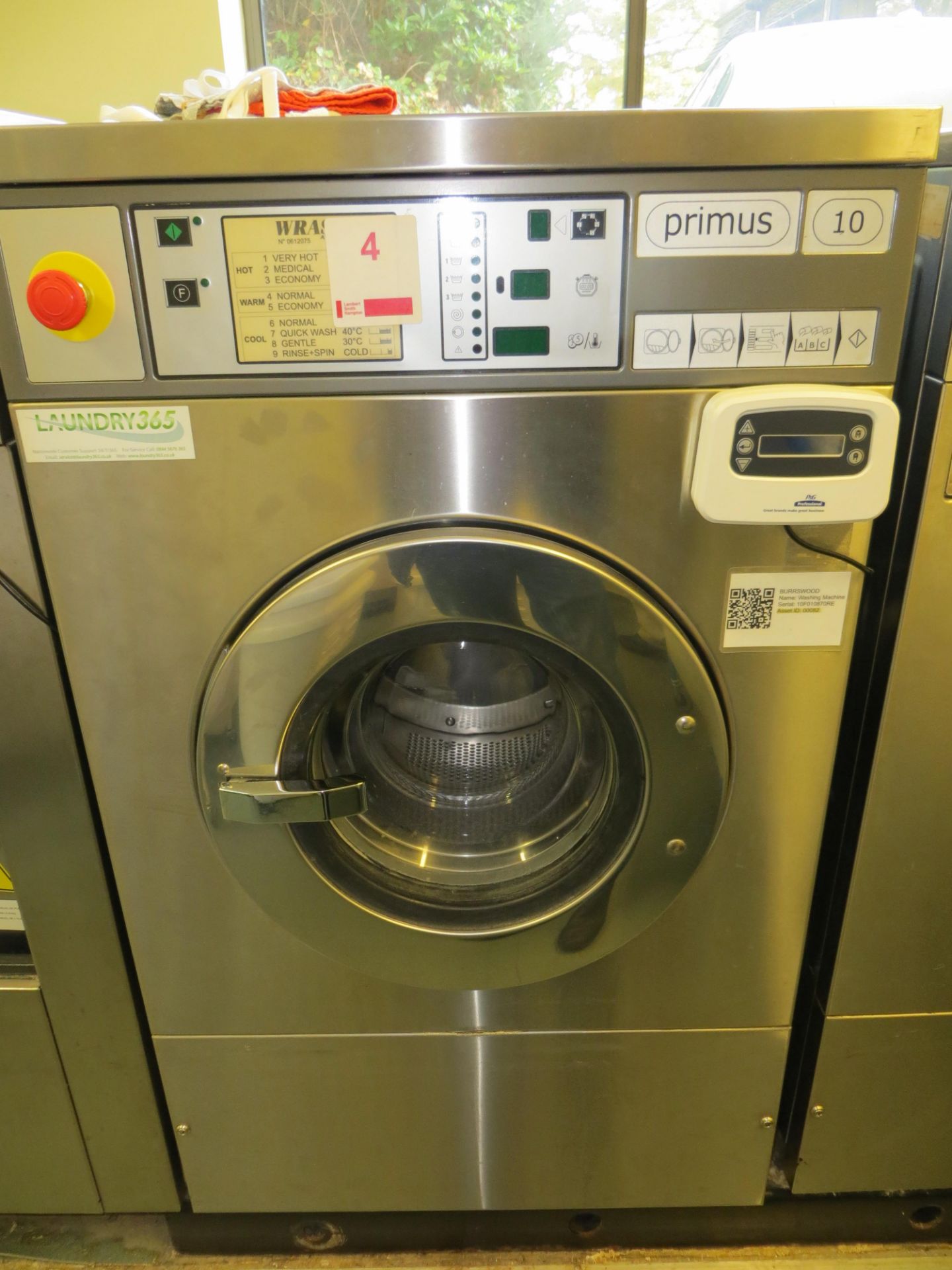 Primus FS10 10Kg stainless steel commercial washing machine (2010) 9Kw s/n 10F01087ORE c/w P&G