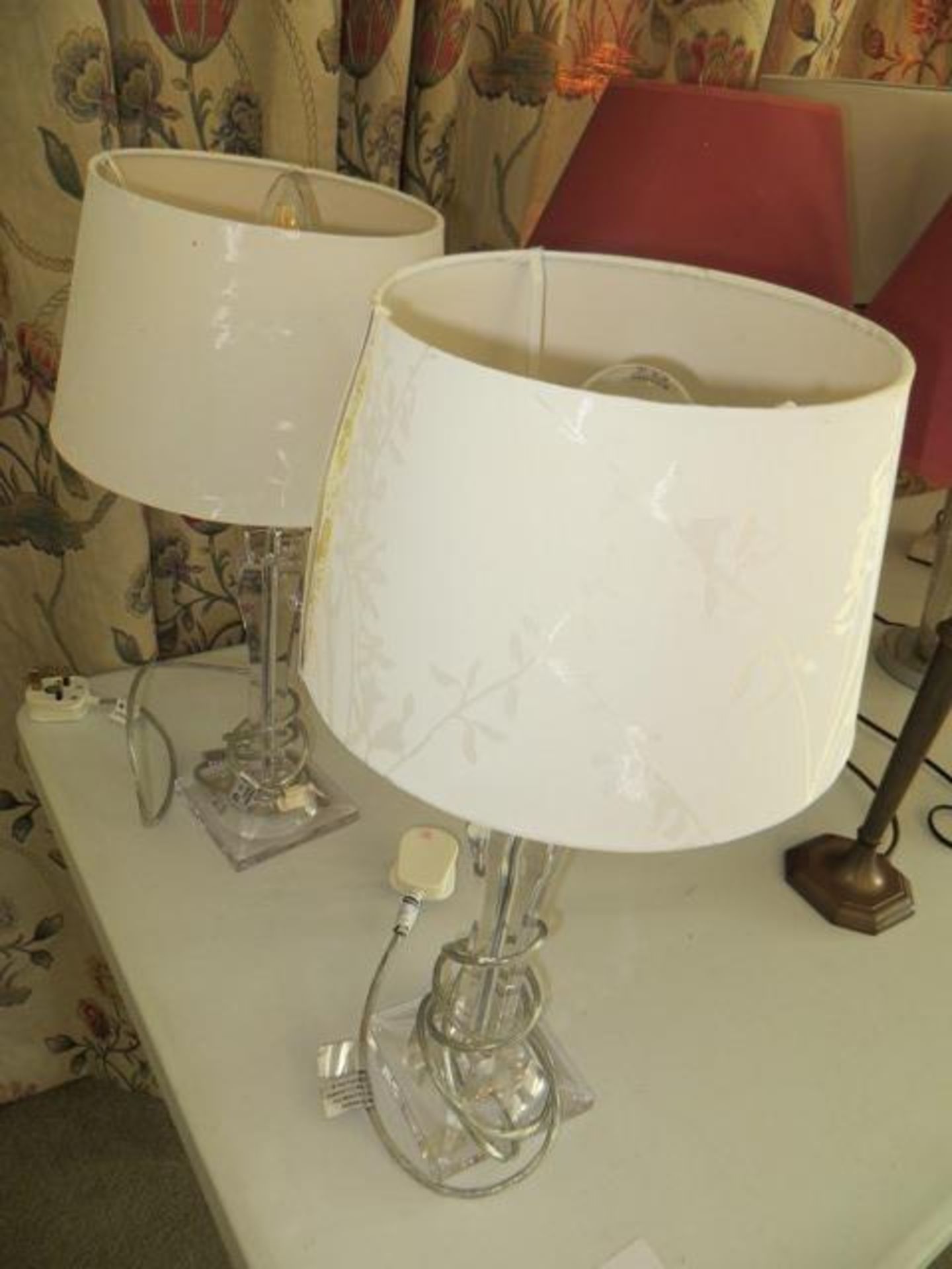 Two matching glass lamps & shades