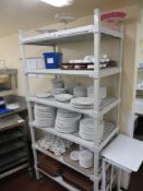 6 tier mobile catering unit & contents to include cake dishes, bowls, plates, tea cups & wooden