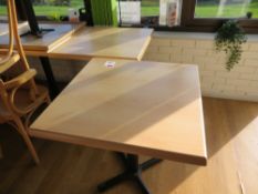 Ten 700mm x 700mm single pedestal dining tables c/w 18 wooden dining chairs