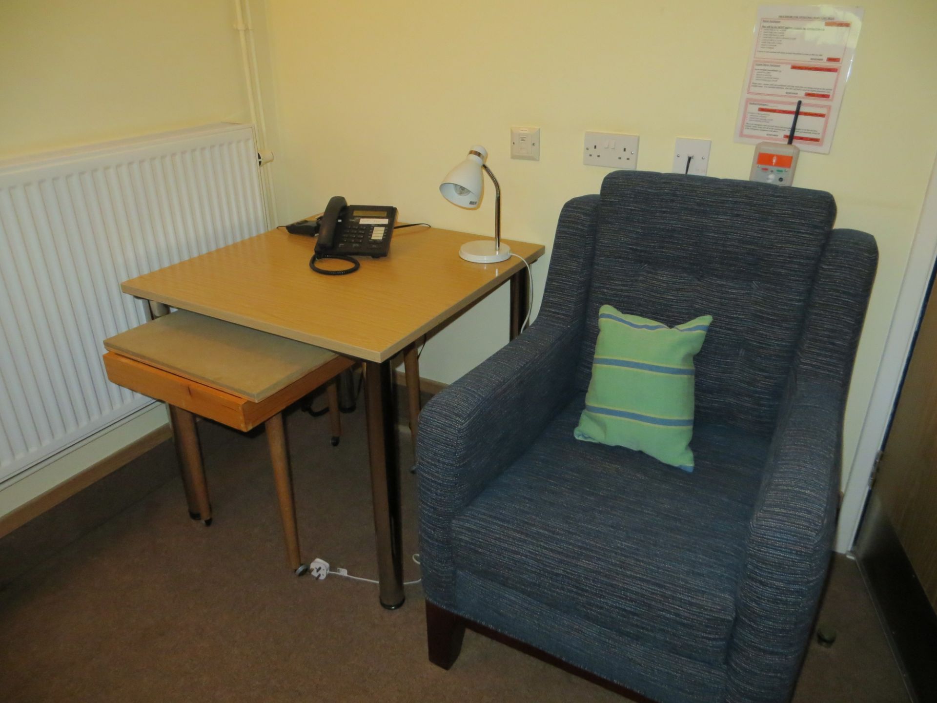 Contents of two councilling rooms to include five blue cloth armchairs, wicker glass top side table, - Image 2 of 3