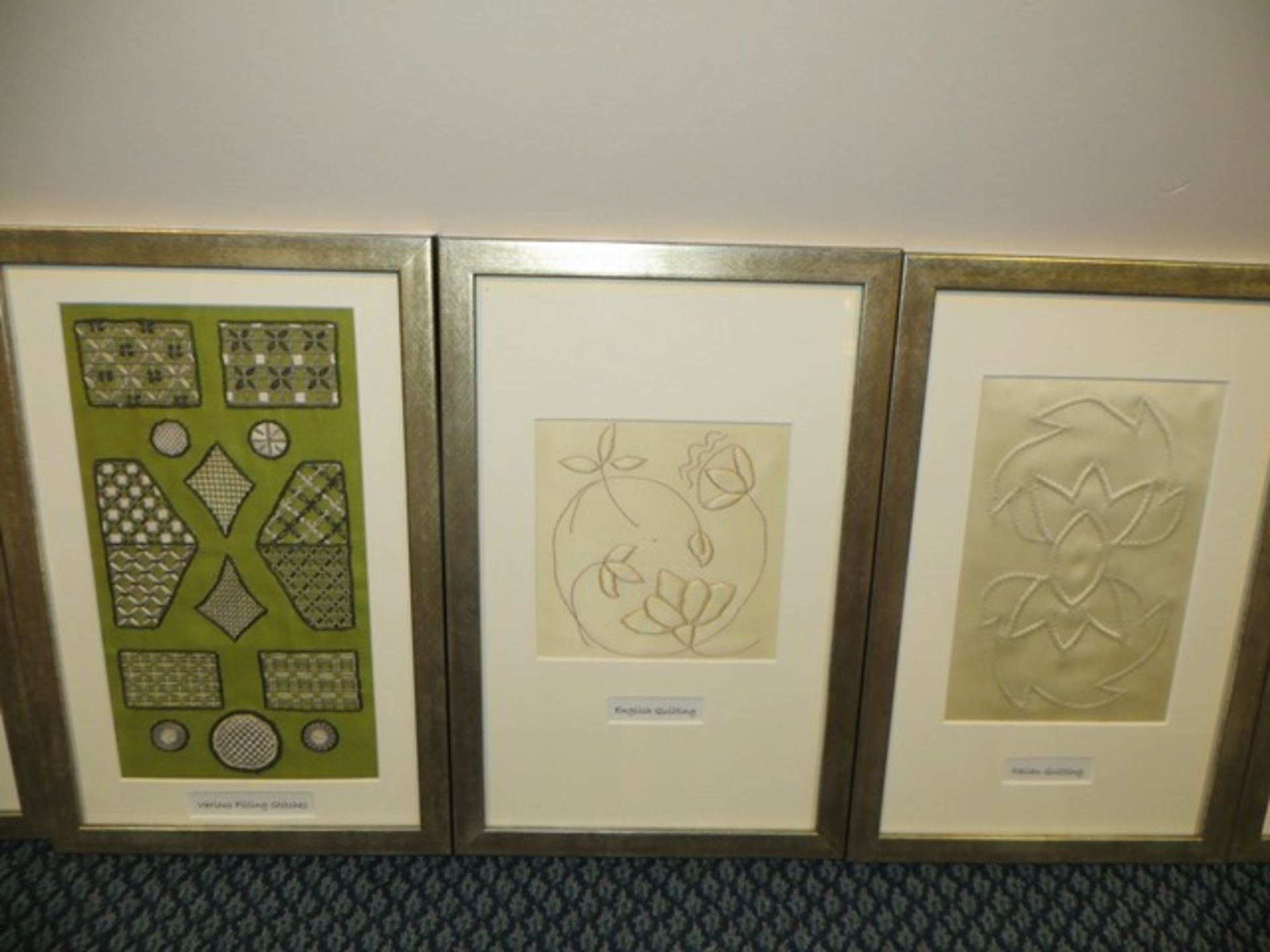 Nine matching framed samples to include 2 decorative stitches, pulled thread work and raised satin - Image 2 of 3