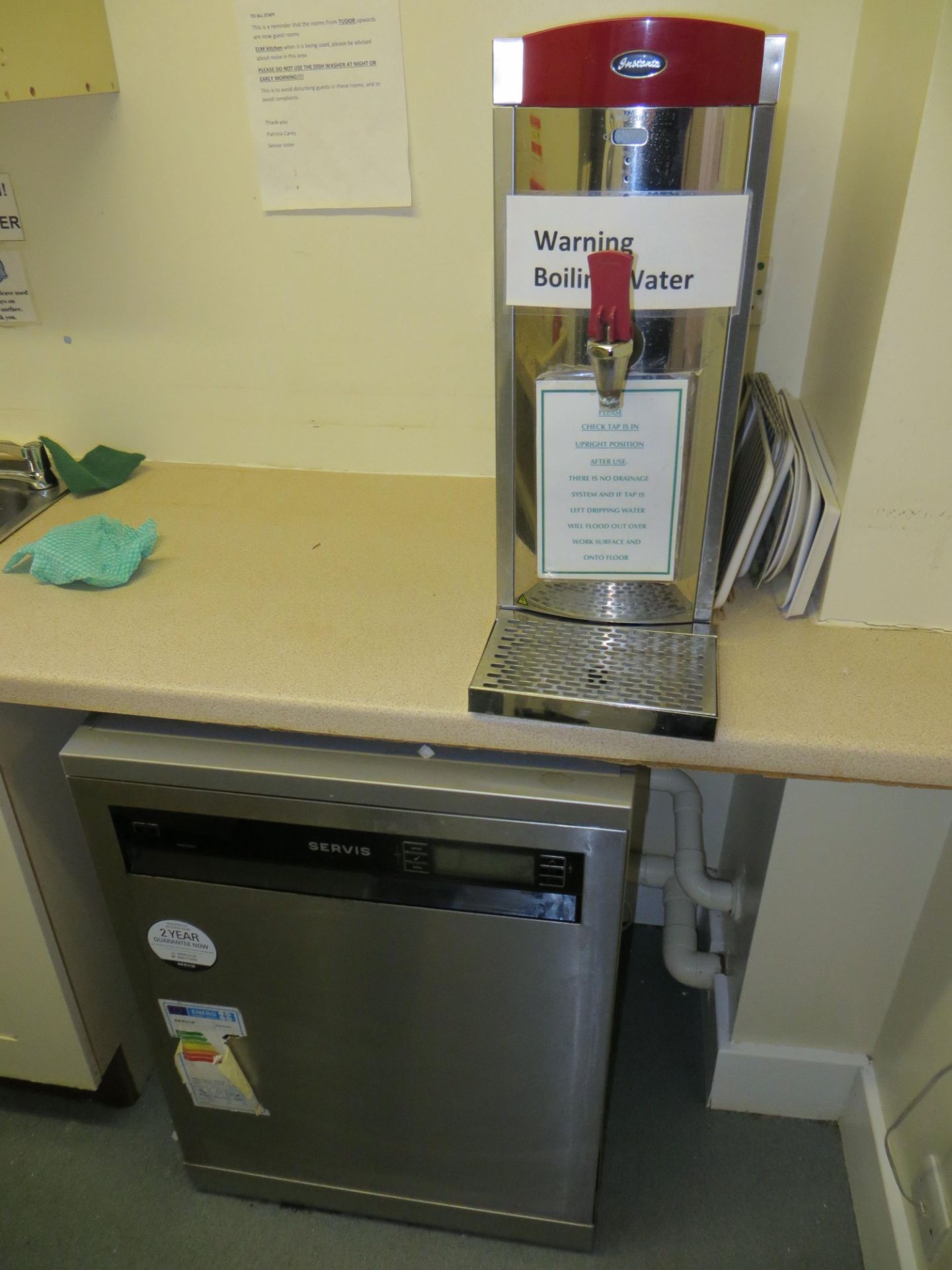 Contents of kitchen to include WB200 water boiler, Service dishwasher, undercounter fridge, crockery