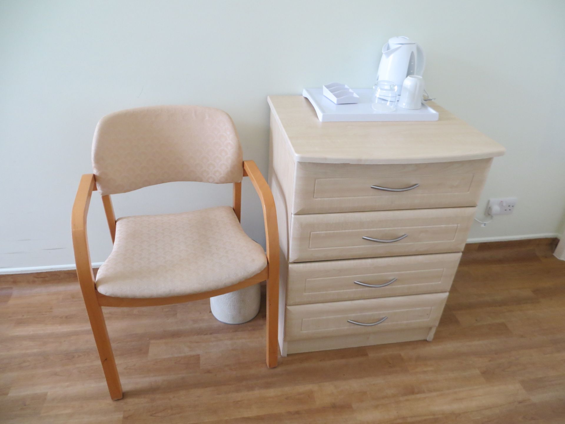 Contents of room Wisteria to include four drawer bedside cabinet, lockable bedside cabinet (no