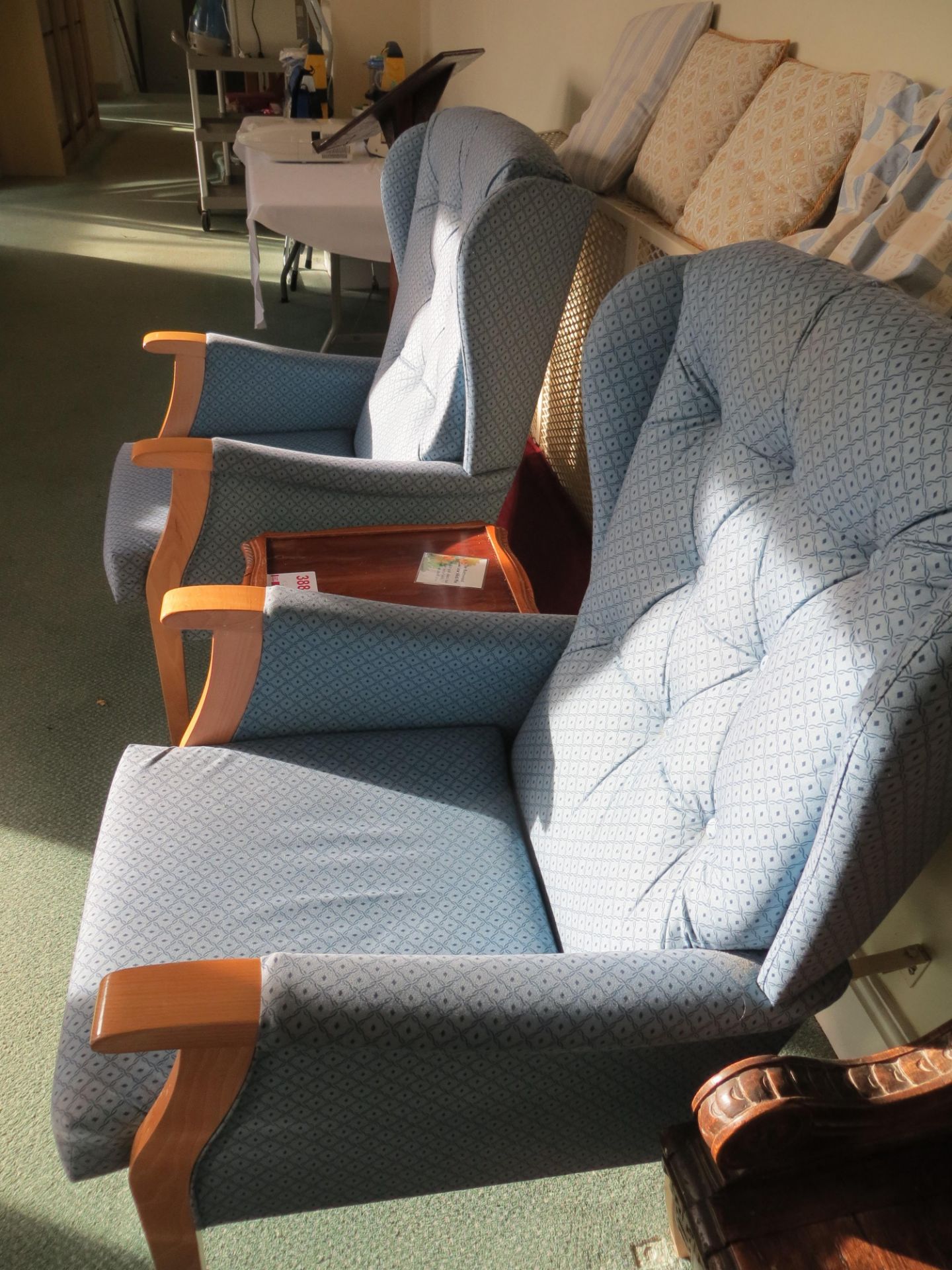 Two blue cloth high back arm chairs c/w with small wooden lamp table - Image 2 of 2