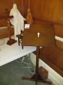 Church Lectern, two church statues, wooden cross/crucifixion, brass plate & small table/stand